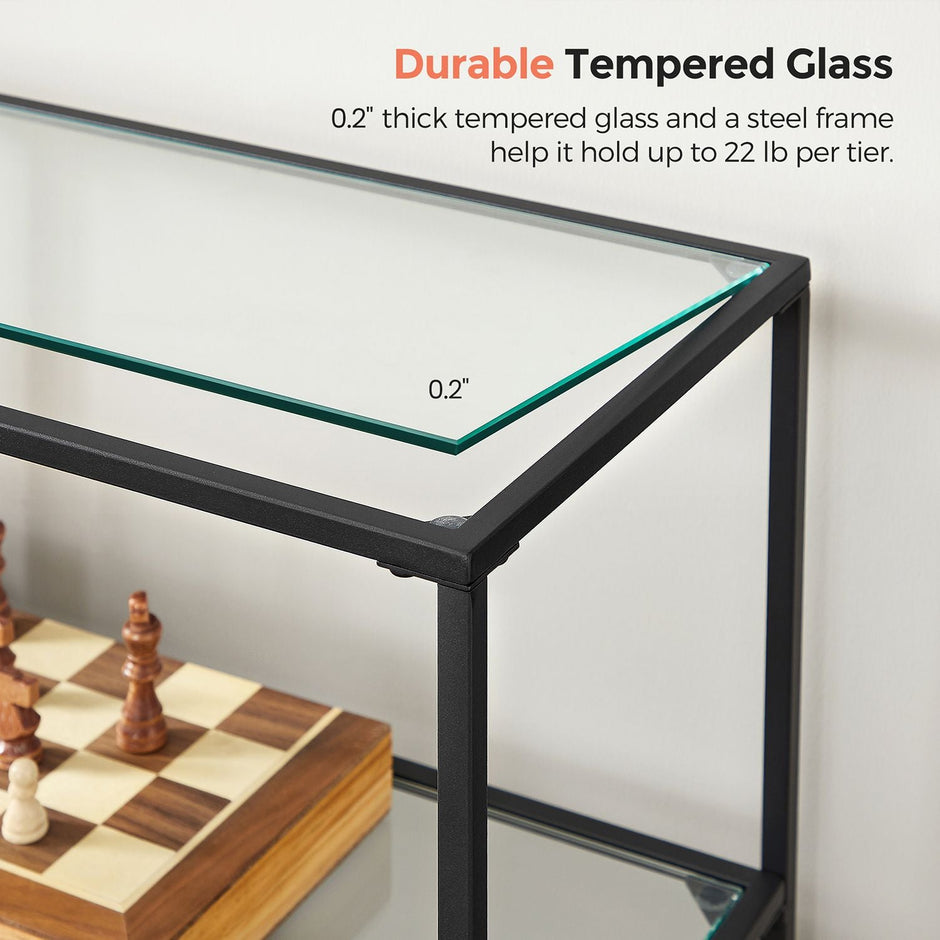 Hallway Table – Tempered Glass & Metal – Pearl Black – 3 Shelves, Modern Design