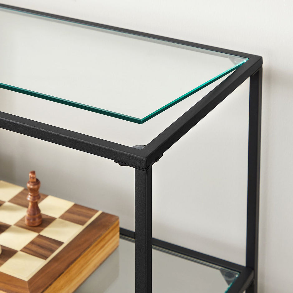 Hallway Table – Tempered Glass & Metal – Pearl Black – 3 Shelves, Modern Design