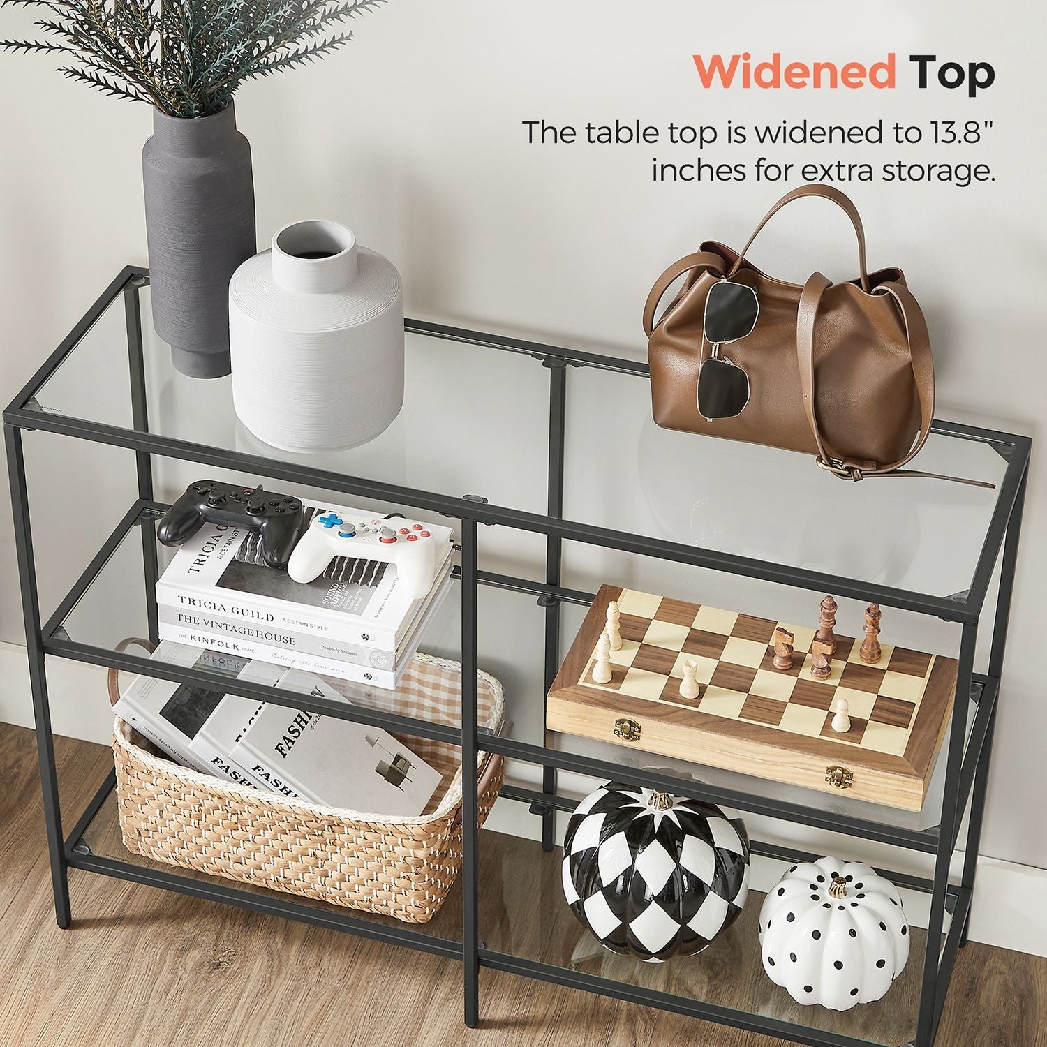 Hallway Table – Tempered Glass & Metal – Pearl Black – 3 Shelves, Modern Design