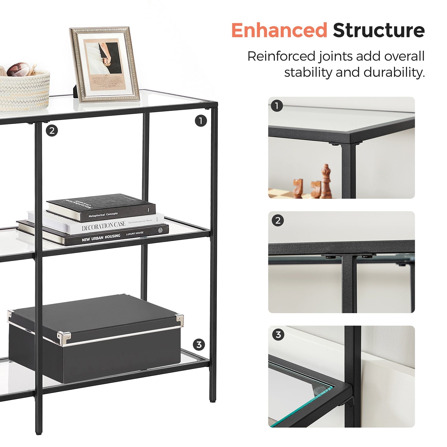 Hallway Table – Tempered Glass & Metal – Pearl Black – 3 Shelves, Modern Design