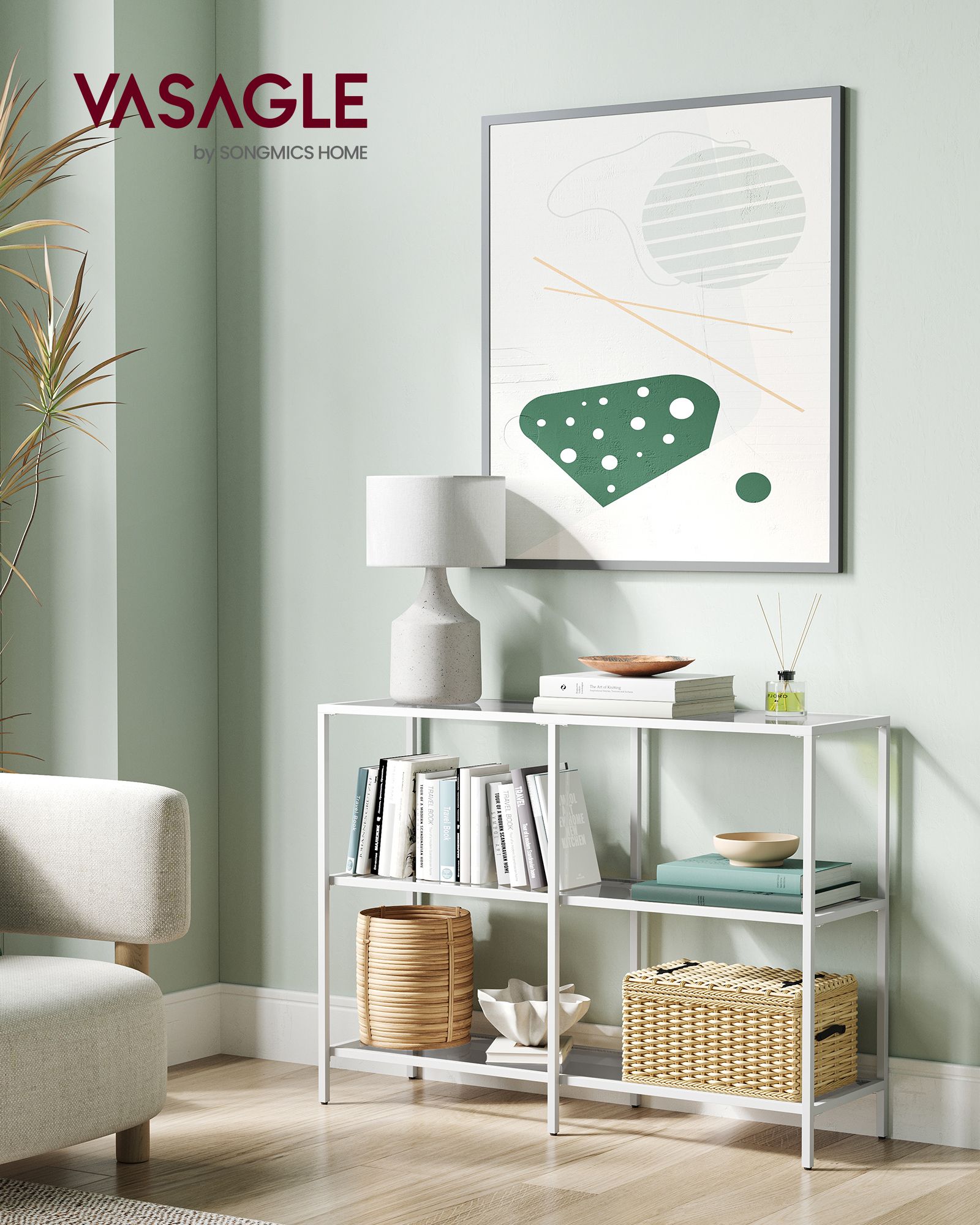 Console Table – Metal Frame and Tempered Glass – Pearl White and Slate Grey – 3 Shelves
