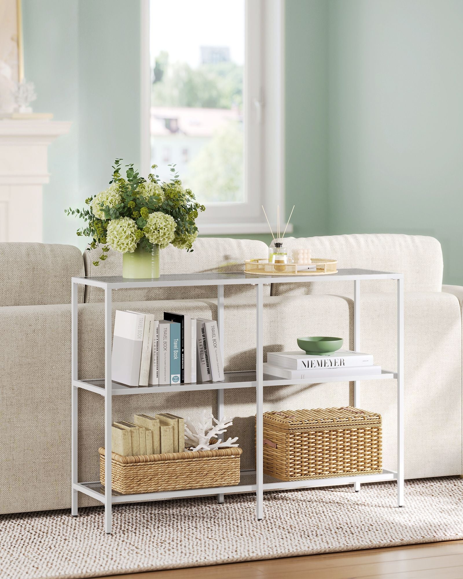 Console Table – Metal Frame and Tempered Glass – Pearl White and Slate Grey – 3 Shelves