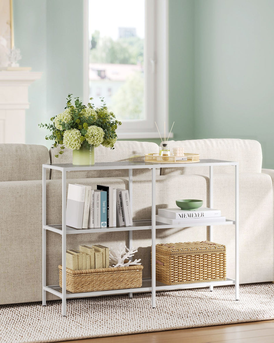 Console Table – Metal Frame and Tempered Glass – Pearl White and Slate Grey – 3 Shelves