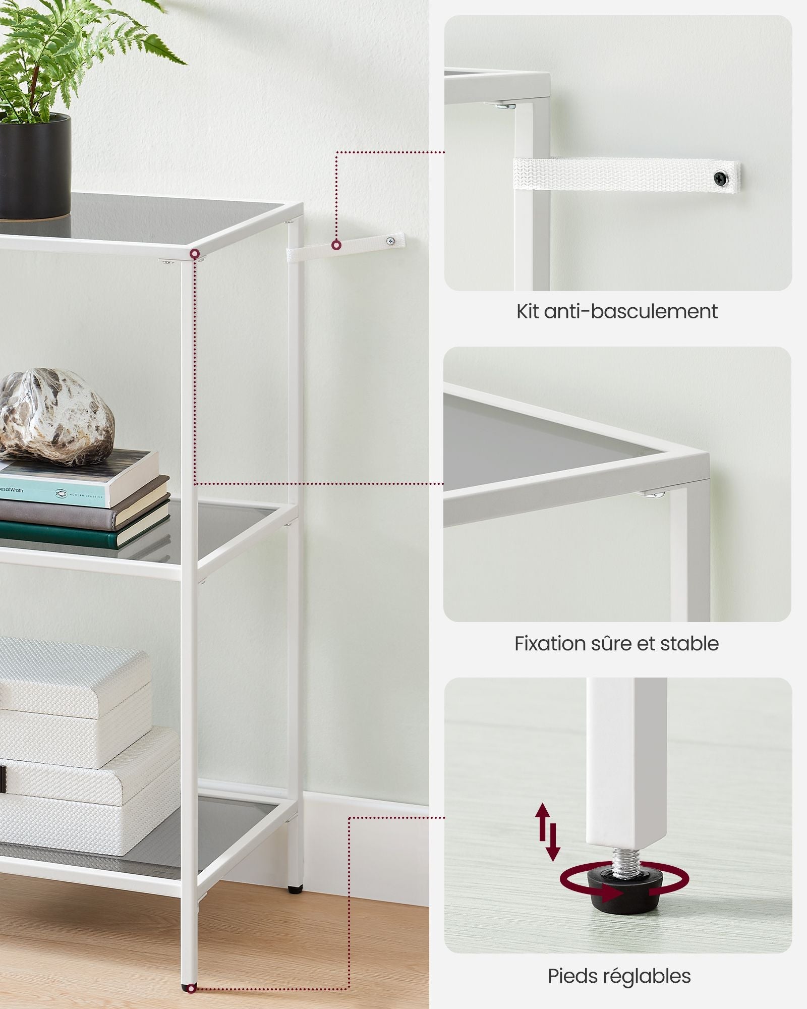 Console Table – Metal Frame and Tempered Glass – Pearl White and Slate Grey – 3 Shelves