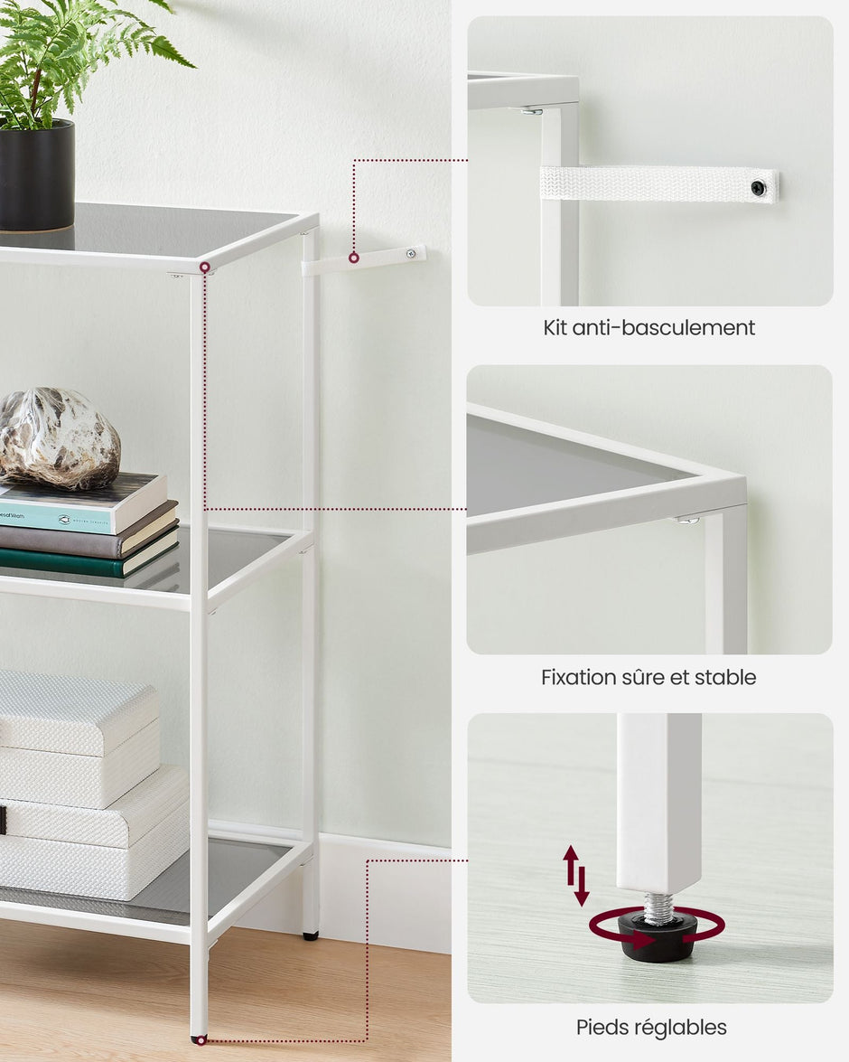 Console Table – Metal Frame and Tempered Glass – Pearl White and Slate Grey – 3 Shelves