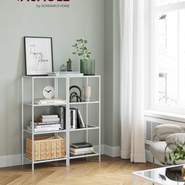4-Tier Tempered Glass Shelf – Pearl White and Slate Grey – Multi-Purpose Storage Rack for Home and Office