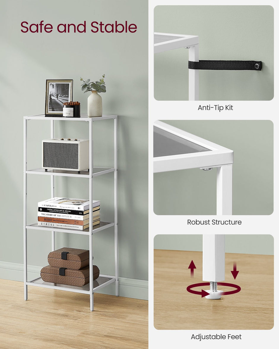 4-Tier Tempered Glass Shelf – Pearl White and Slate Grey – Multi-Purpose Storage Rack for Home and Office