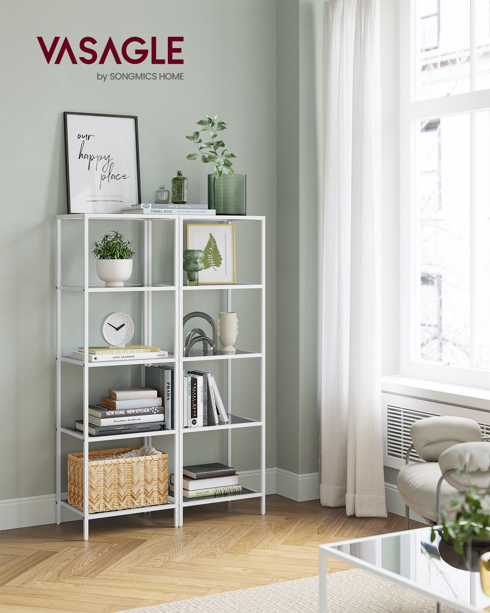 5-Tier Shelf – Tempered Glass – Pearl White and Slate Grey – Versatile Storage Rack