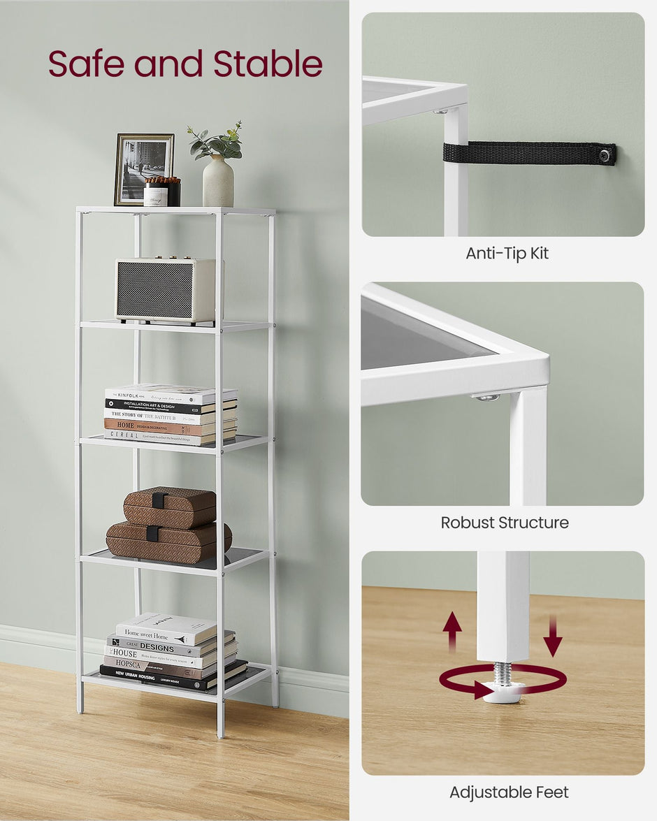 5-Tier Shelf – Tempered Glass – Pearl White and Slate Grey – Versatile Storage Rack