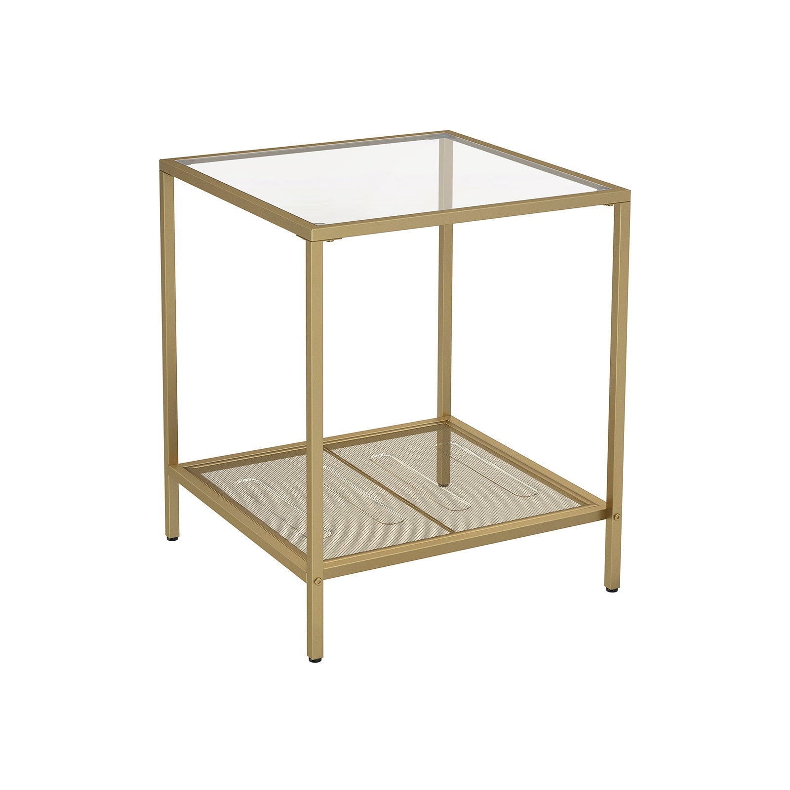 2-Tier End Table – Tempered Glass and Mesh – Gold and Transparent – Stable Steel Frame
