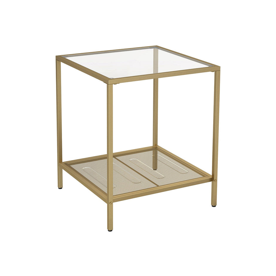 2-Tier End Table – Tempered Glass and Mesh – Gold and Transparent – Stable Steel Frame