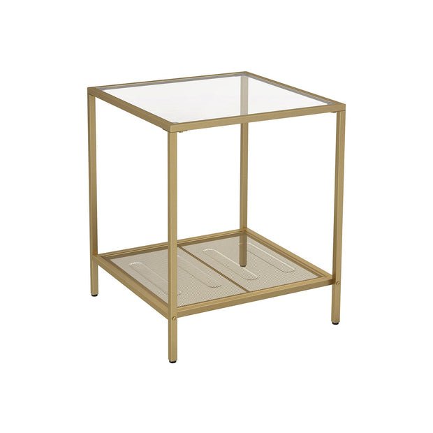 2-Tier End Table – Tempered Glass and Mesh – Gold and Transparent – Stable Steel Frame