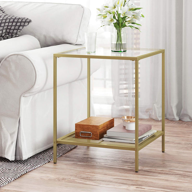 2-Tier End Table – Tempered Glass and Mesh – Gold and Transparent – Stable Steel Frame