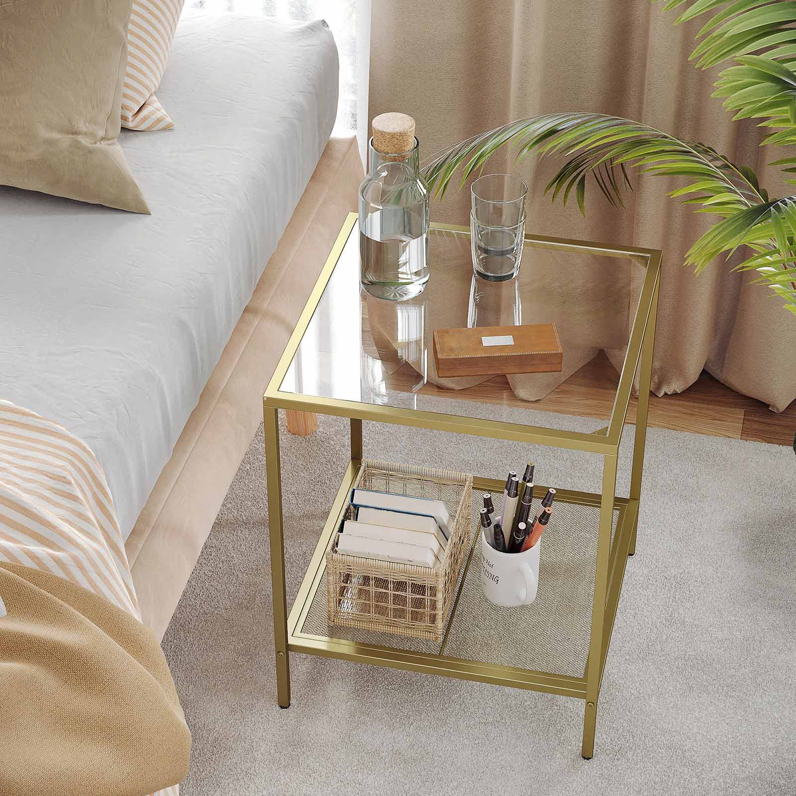2-Tier End Table – Tempered Glass and Mesh – Gold and Transparent – Stable Steel Frame