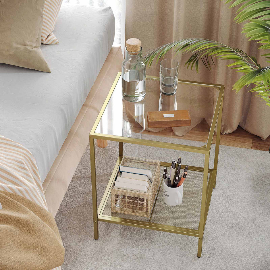 2-Tier End Table – Tempered Glass and Mesh – Gold and Transparent – Stable Steel Frame