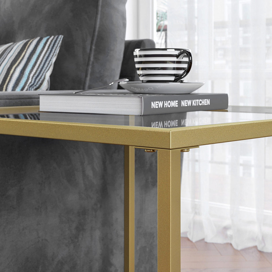2-Tier End Table – Tempered Glass and Mesh – Gold and Transparent – Stable Steel Frame