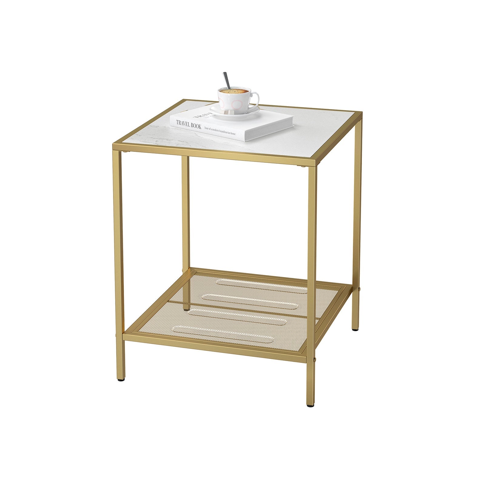2-Tier End Table – Tempered Glass and Mesh – Gold and Transparent – Stable Steel Frame