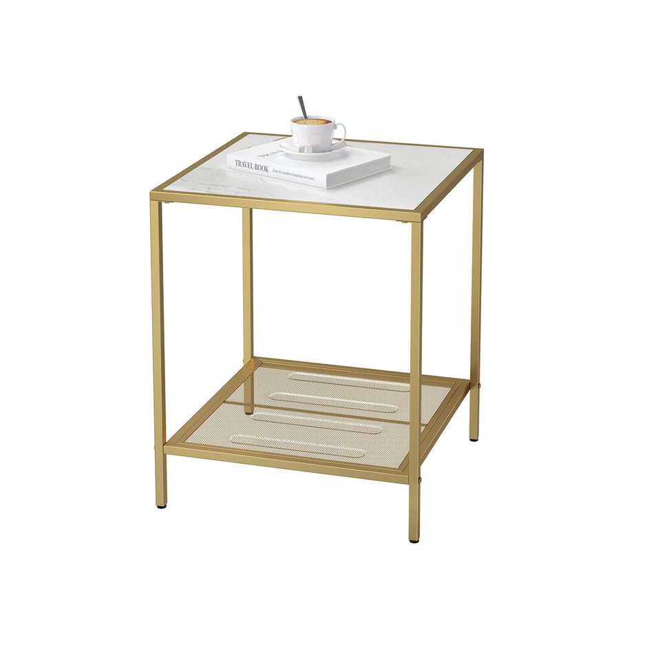 2-Tier End Table – Tempered Glass and Mesh – Gold and Transparent – Stable Steel Frame