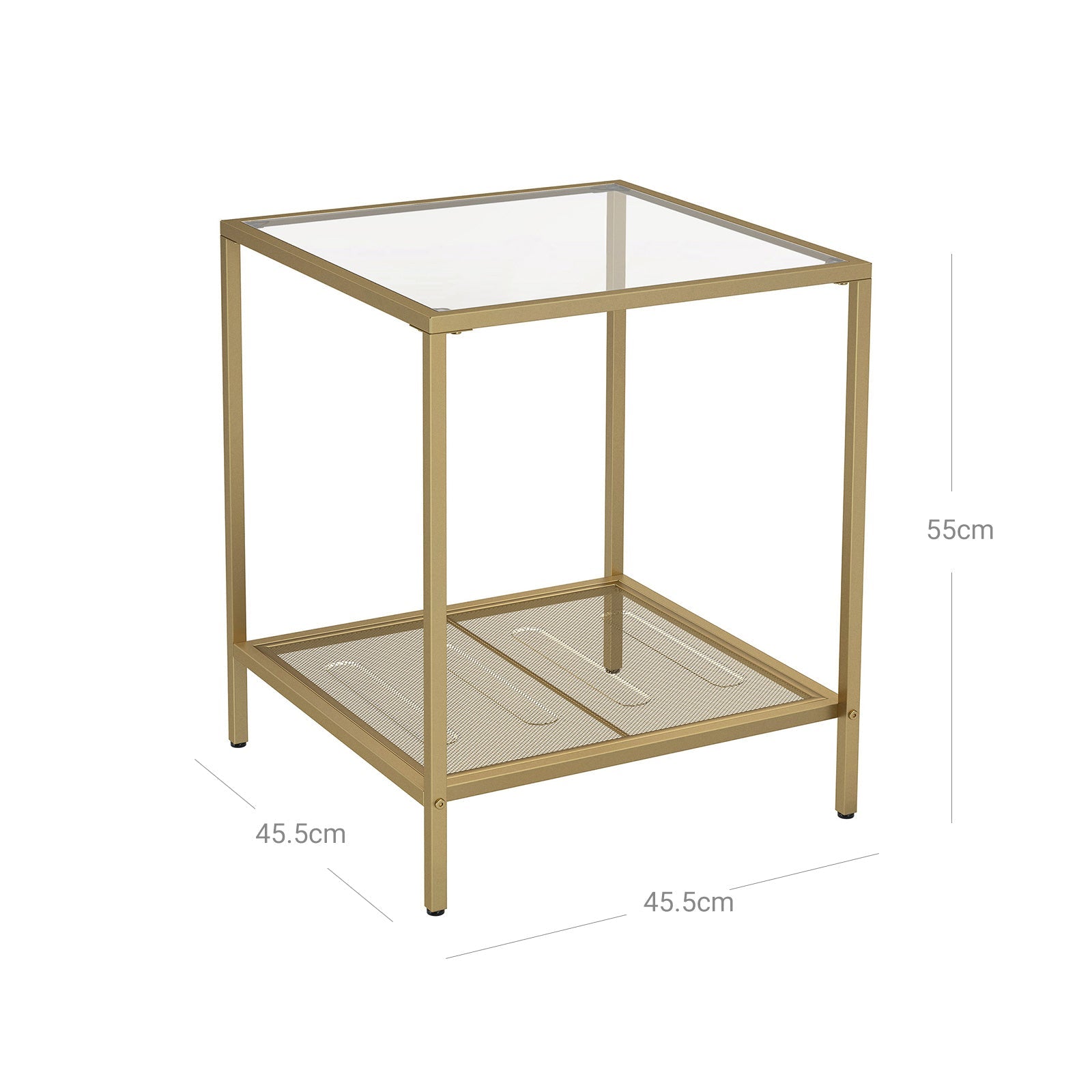 2-Tier End Table – Tempered Glass and Mesh – Gold and Transparent – Stable Steel Frame