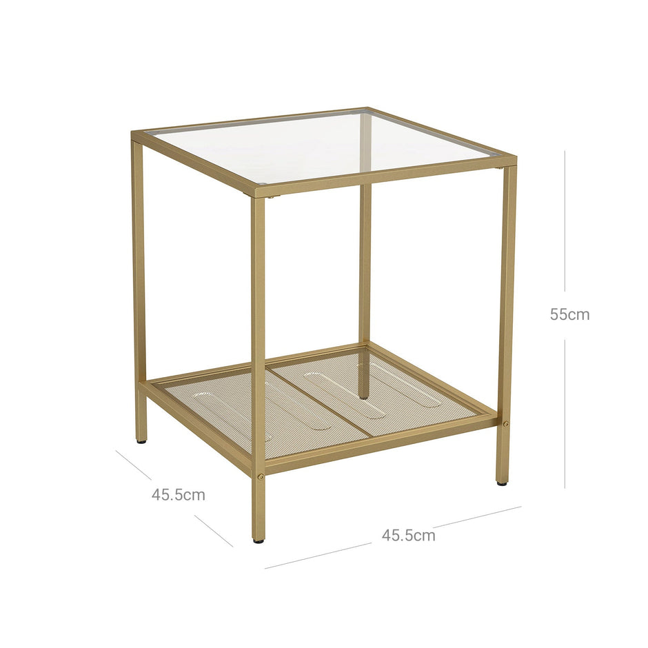 2-Tier End Table – Tempered Glass and Mesh – Gold and Transparent – Stable Steel Frame