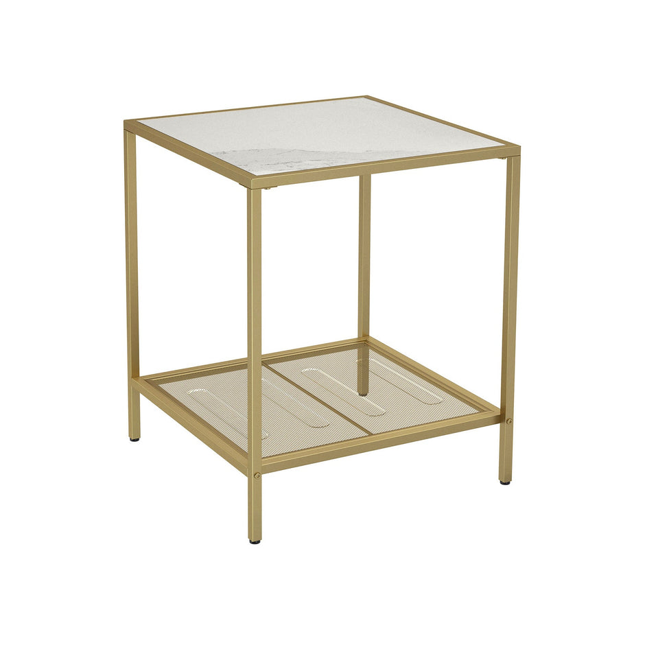 Square Side Table – Tempered Glass – Gold and Transparent – 2-Tier Design with Mesh Shelf