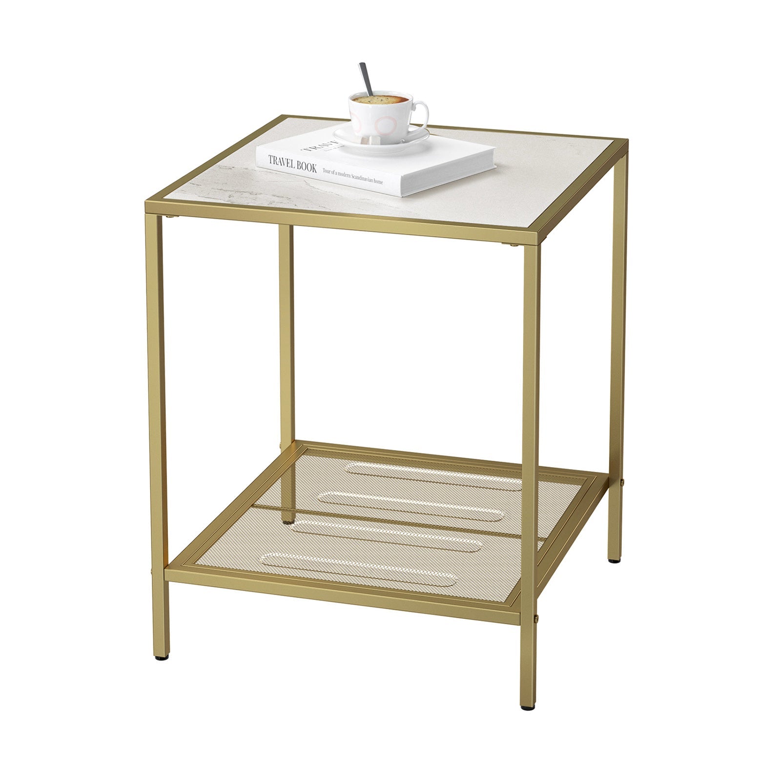 Square Side Table – Tempered Glass – Gold and Transparent – 2-Tier Design with Mesh Shelf