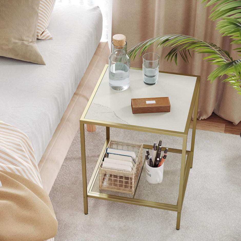 Square Side Table – Tempered Glass – Gold and Transparent – 2-Tier Design with Mesh Shelf
