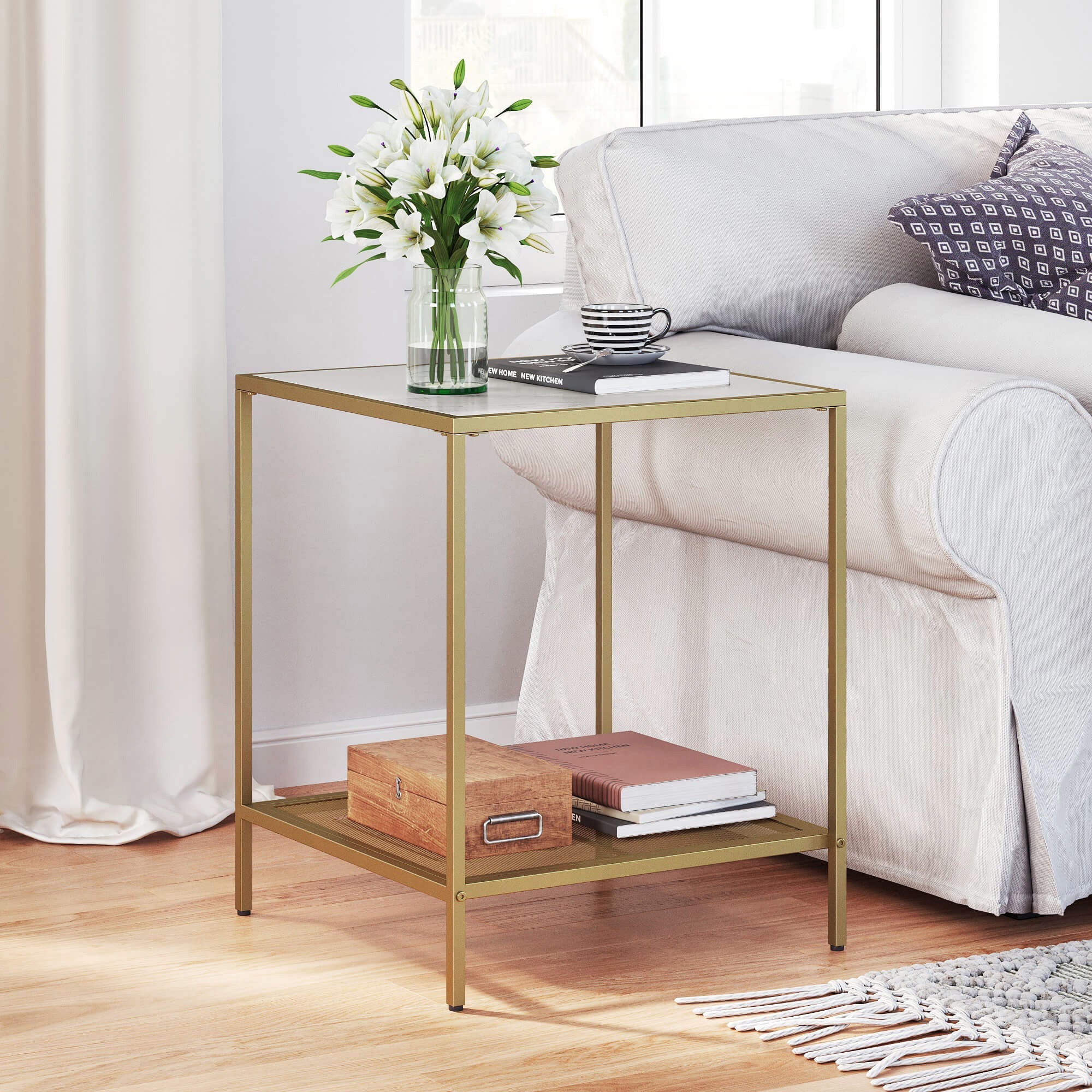 Square Side Table – Tempered Glass – Gold and Transparent – 2-Tier Design with Mesh Shelf