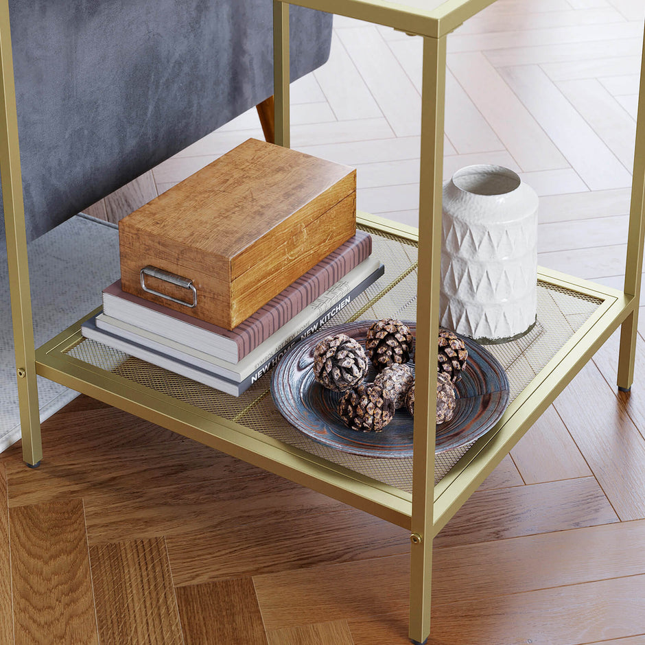 Square Side Table – Tempered Glass – Gold and Transparent – 2-Tier Design with Mesh Shelf