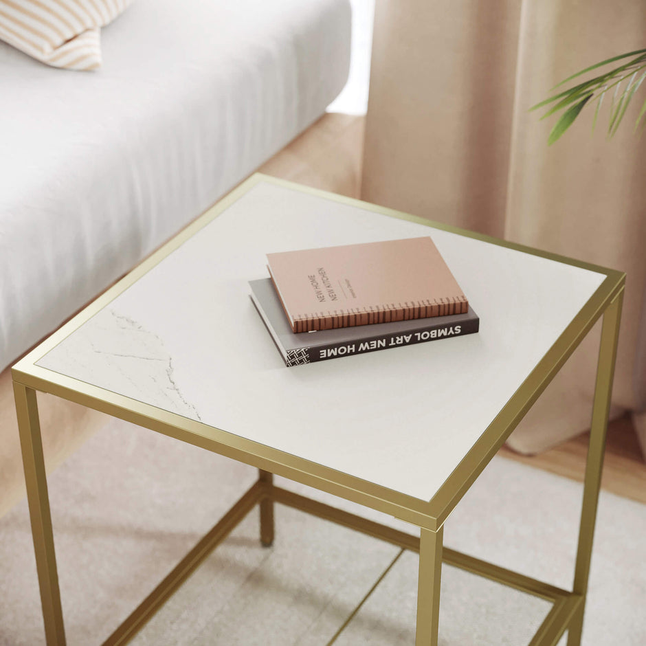 Square Side Table – Tempered Glass – Gold and Transparent – 2-Tier Design with Mesh Shelf