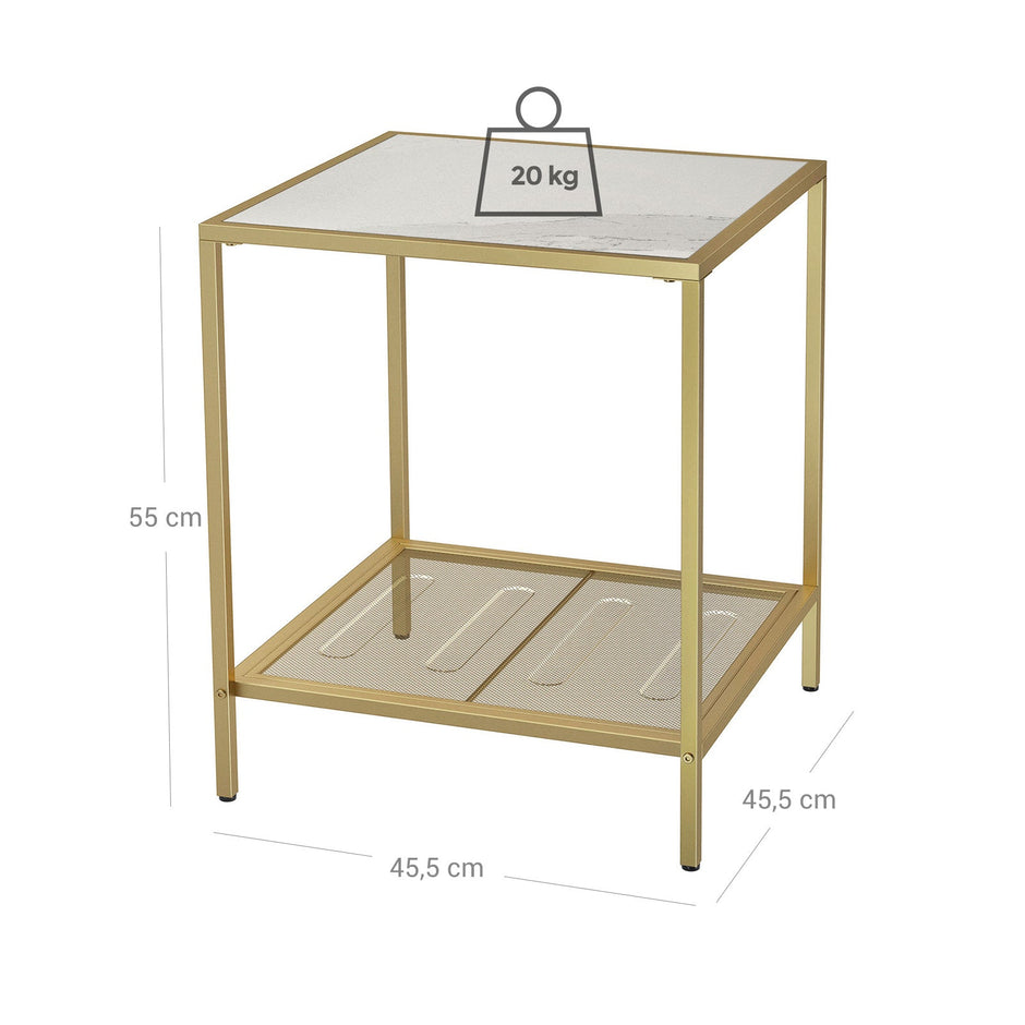 Square Side Table – Tempered Glass – Gold and Transparent – 2-Tier Design with Mesh Shelf