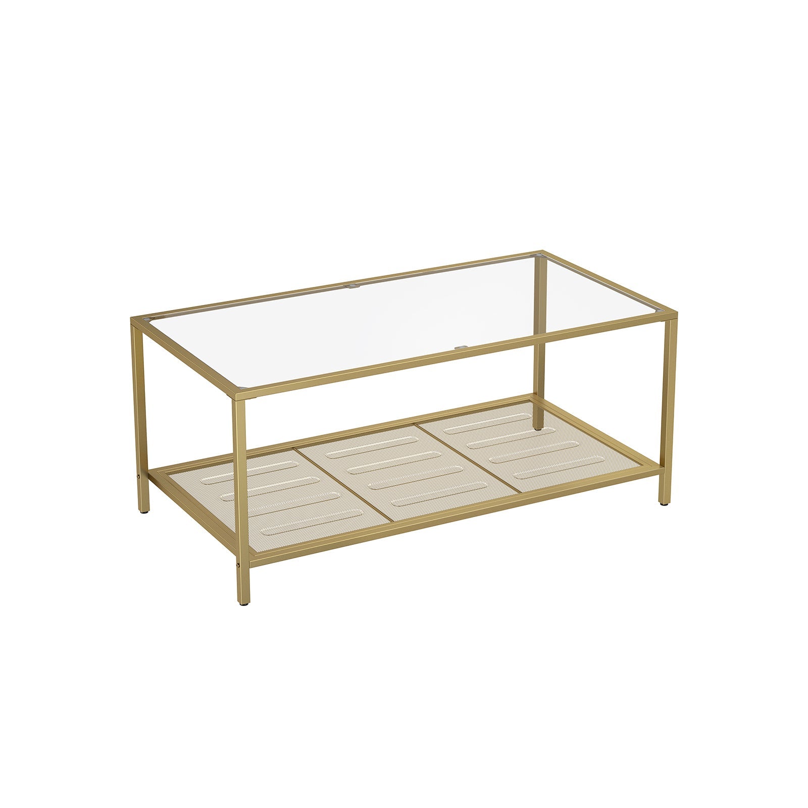 Coffee Table – Tempered Glass – Transparent and Gold – Stable Steel Frame with Mesh Shelf