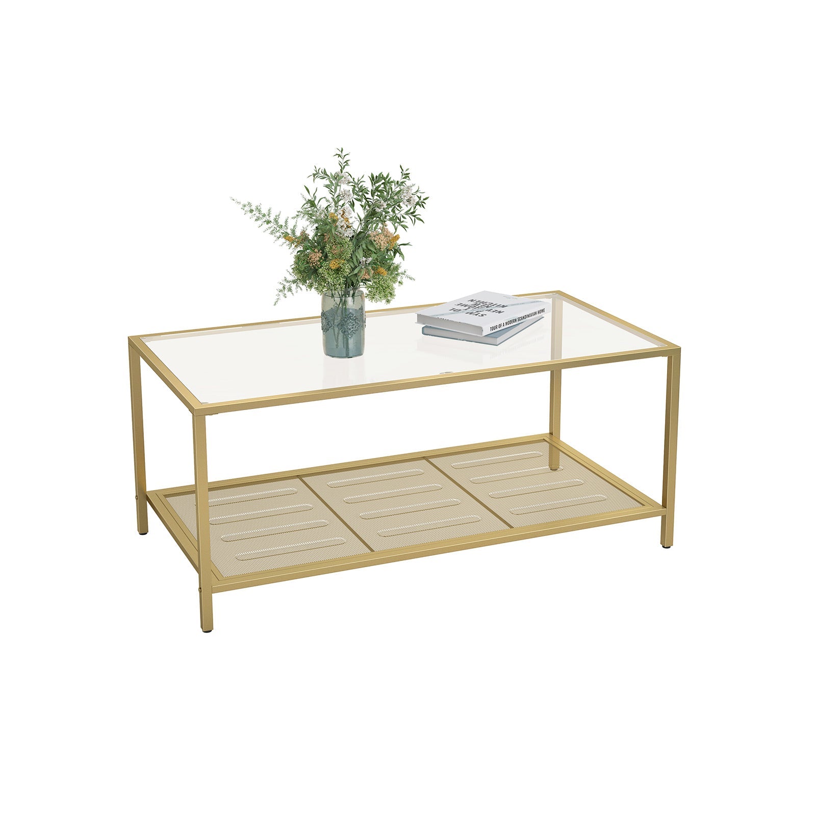 Coffee Table – Tempered Glass – Transparent and Gold – Stable Steel Frame with Mesh Shelf