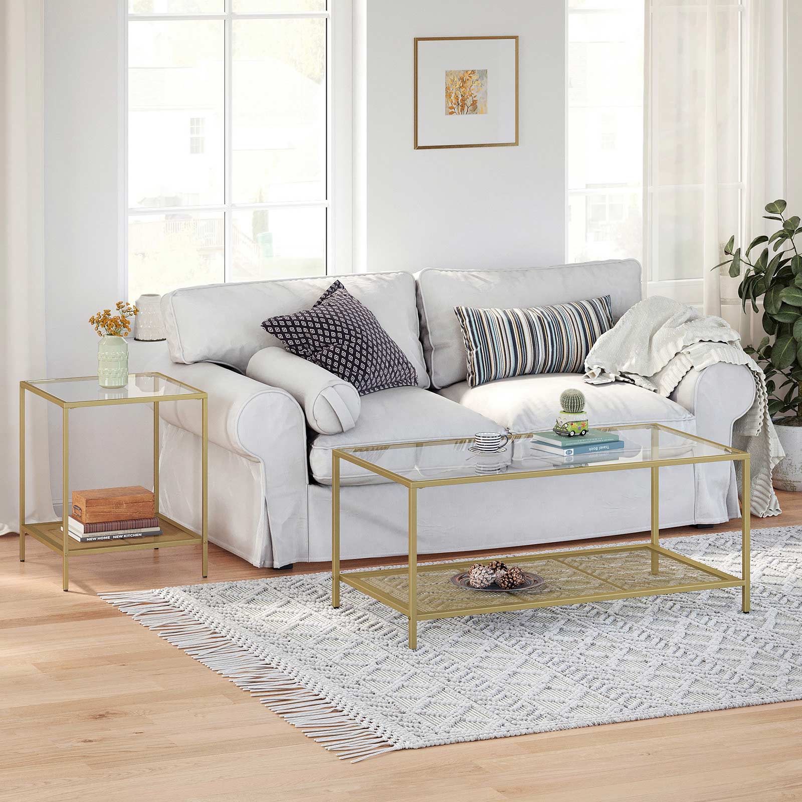 Coffee Table – Tempered Glass – Transparent and Gold – Stable Steel Frame with Mesh Shelf