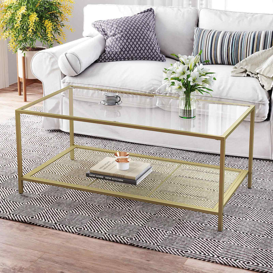 Coffee Table – Tempered Glass – Transparent and Gold – Stable Steel Frame with Mesh Shelf