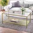 Coffee Table – Tempered Glass – Transparent and Gold – Stable Steel Frame with Mesh Shelf
