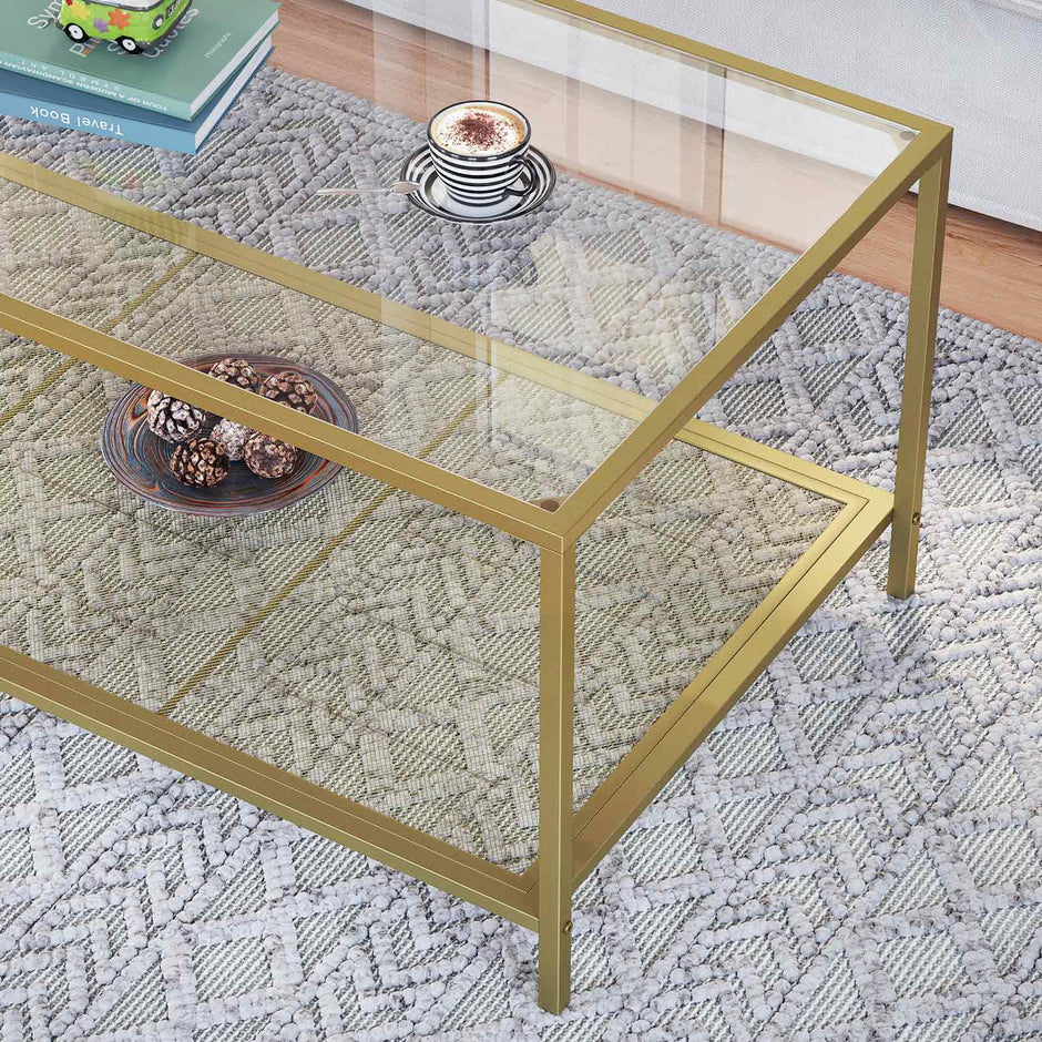 Coffee Table – Tempered Glass – Transparent and Gold – Stable Steel Frame with Mesh Shelf
