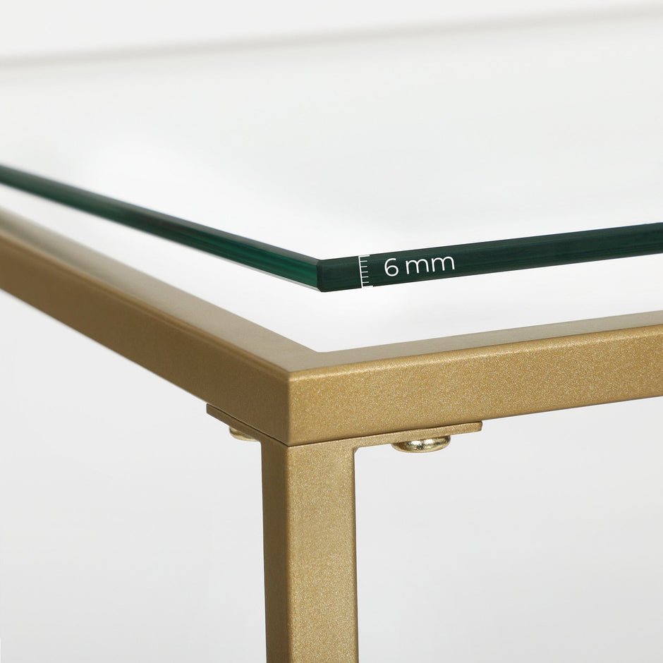 Coffee Table – Tempered Glass – Transparent and Gold – Stable Steel Frame with Mesh Shelf
