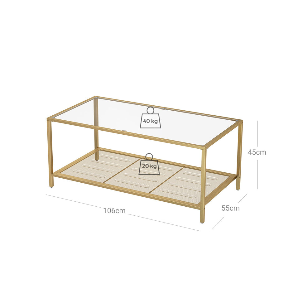 Coffee Table – Tempered Glass – Transparent and Gold – Stable Steel Frame with Mesh Shelf
