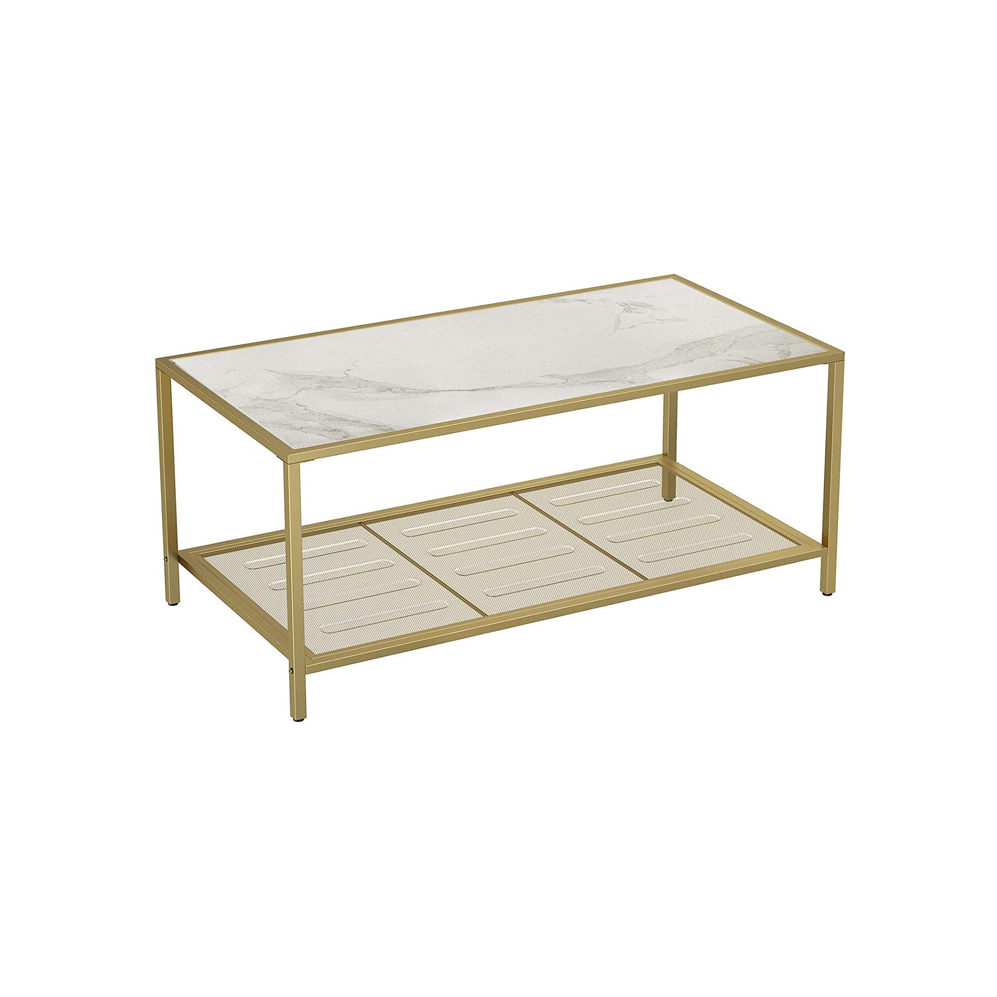 Coffee Table – Tempered Glass – Gold and Transparent – With Mesh Shelf and Stable Steel Frame