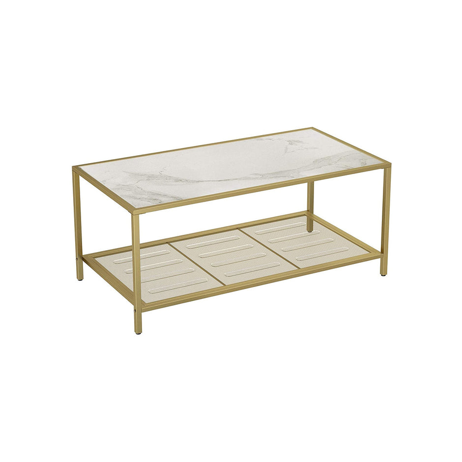 Coffee Table – Tempered Glass – Gold and Transparent – With Mesh Shelf and Stable Steel Frame