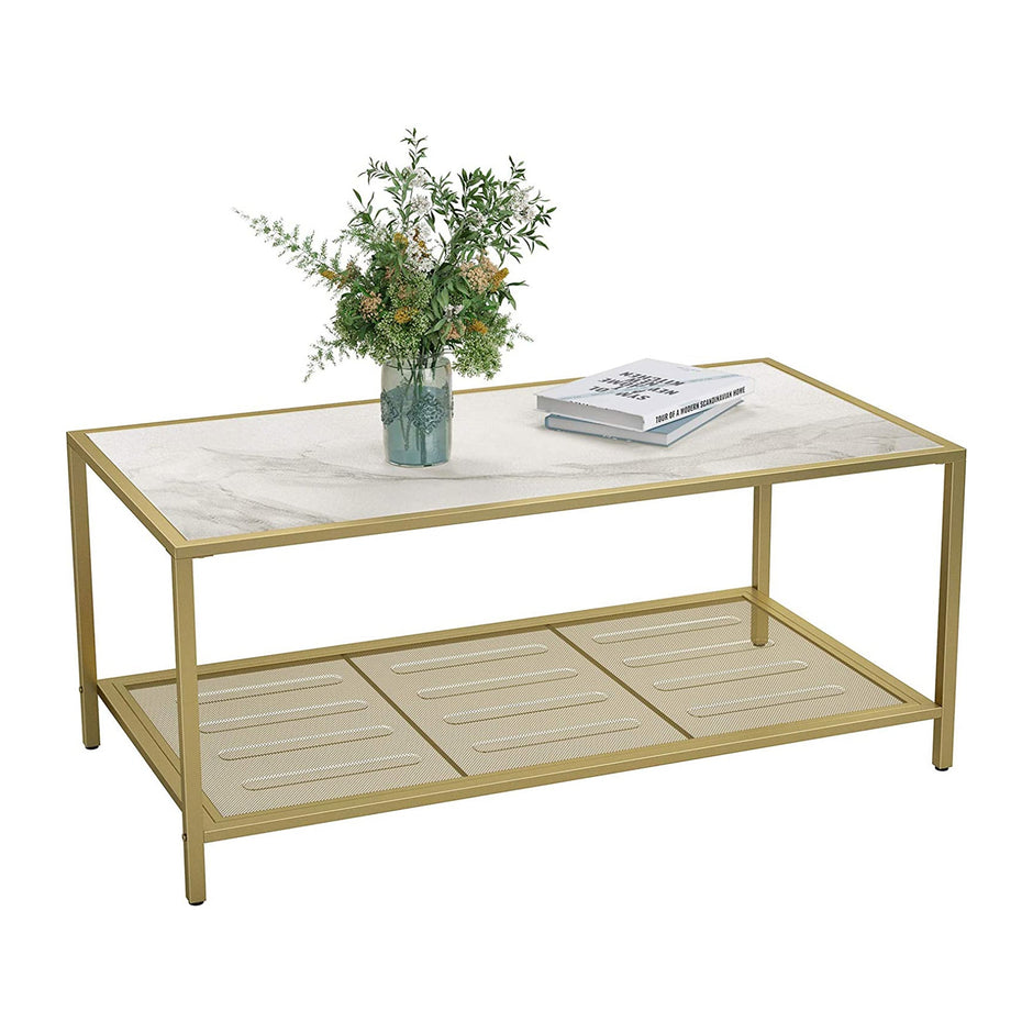 Coffee Table – Tempered Glass – Gold and Transparent – With Mesh Shelf and Stable Steel Frame