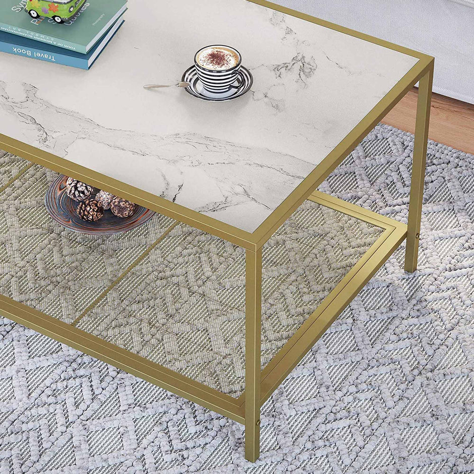 Coffee Table – Tempered Glass – Gold and Transparent – With Mesh Shelf and Stable Steel Frame