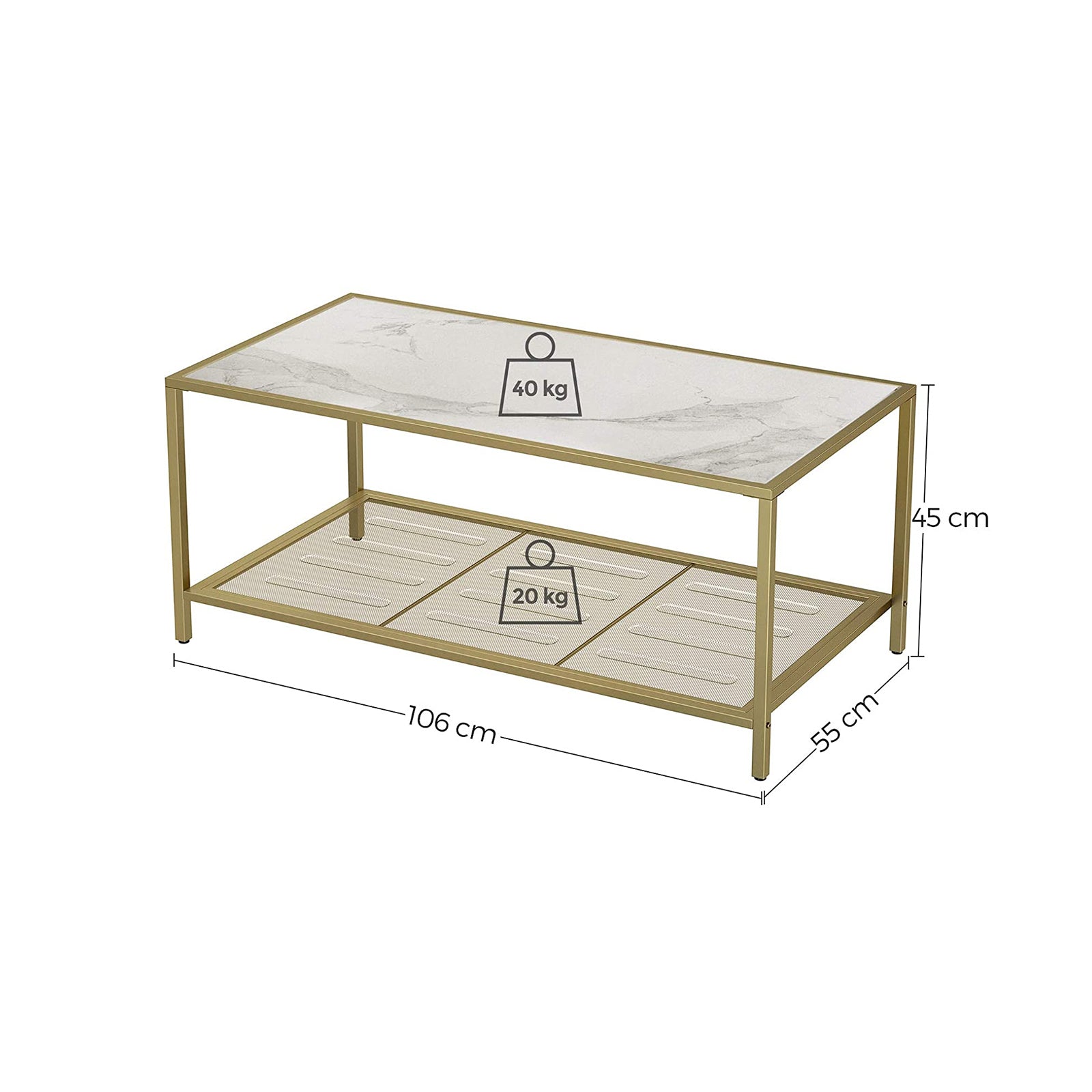 Coffee Table – Tempered Glass – Gold and Transparent – With Mesh Shelf and Stable Steel Frame