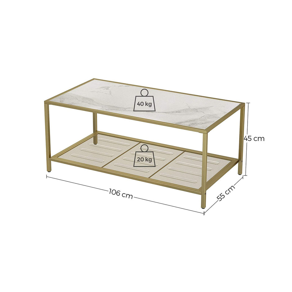 Coffee Table – Tempered Glass – Gold and Transparent – With Mesh Shelf and Stable Steel Frame