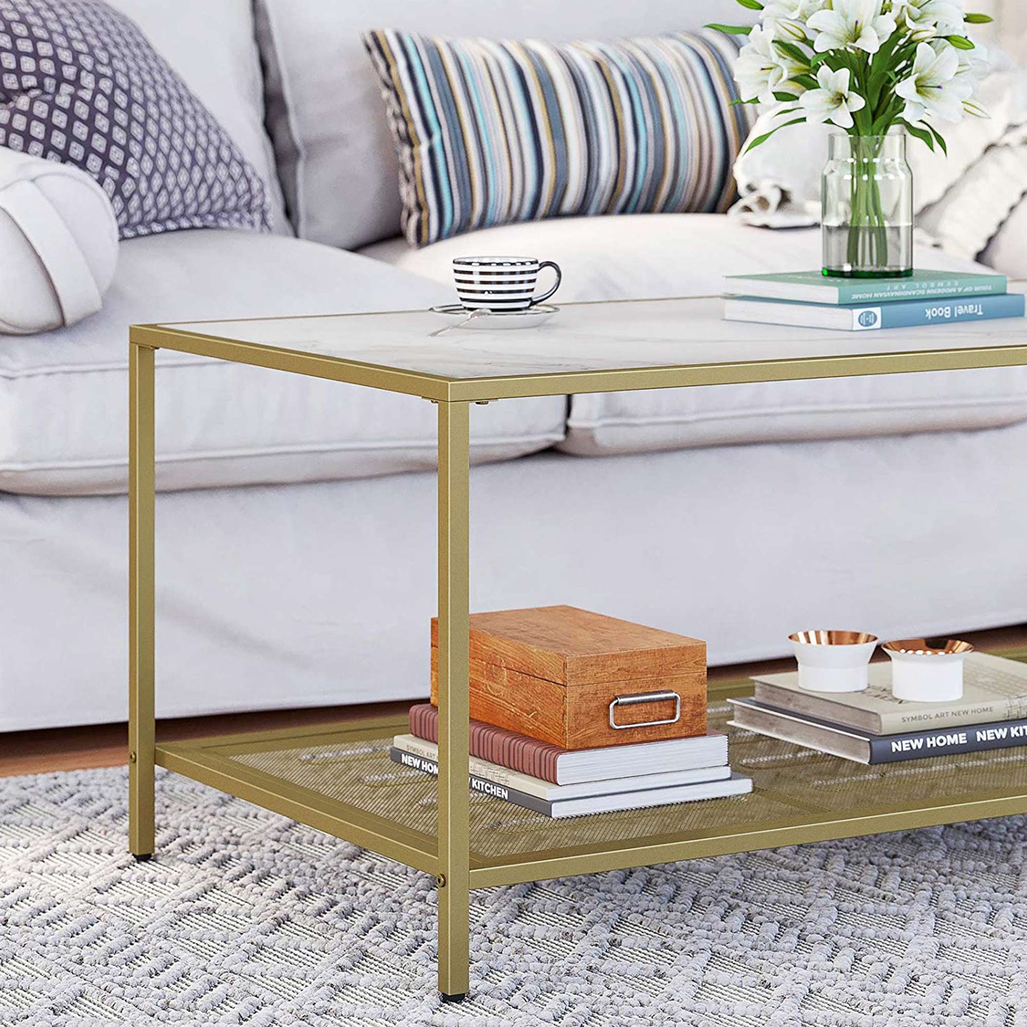 Coffee Table – Tempered Glass – Gold and Transparent – With Mesh Shelf and Stable Steel Frame