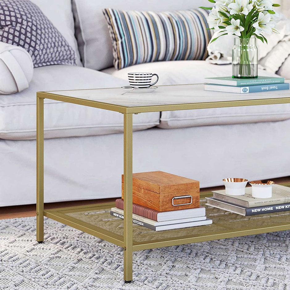 Coffee Table – Tempered Glass – Gold and Transparent – With Mesh Shelf and Stable Steel Frame