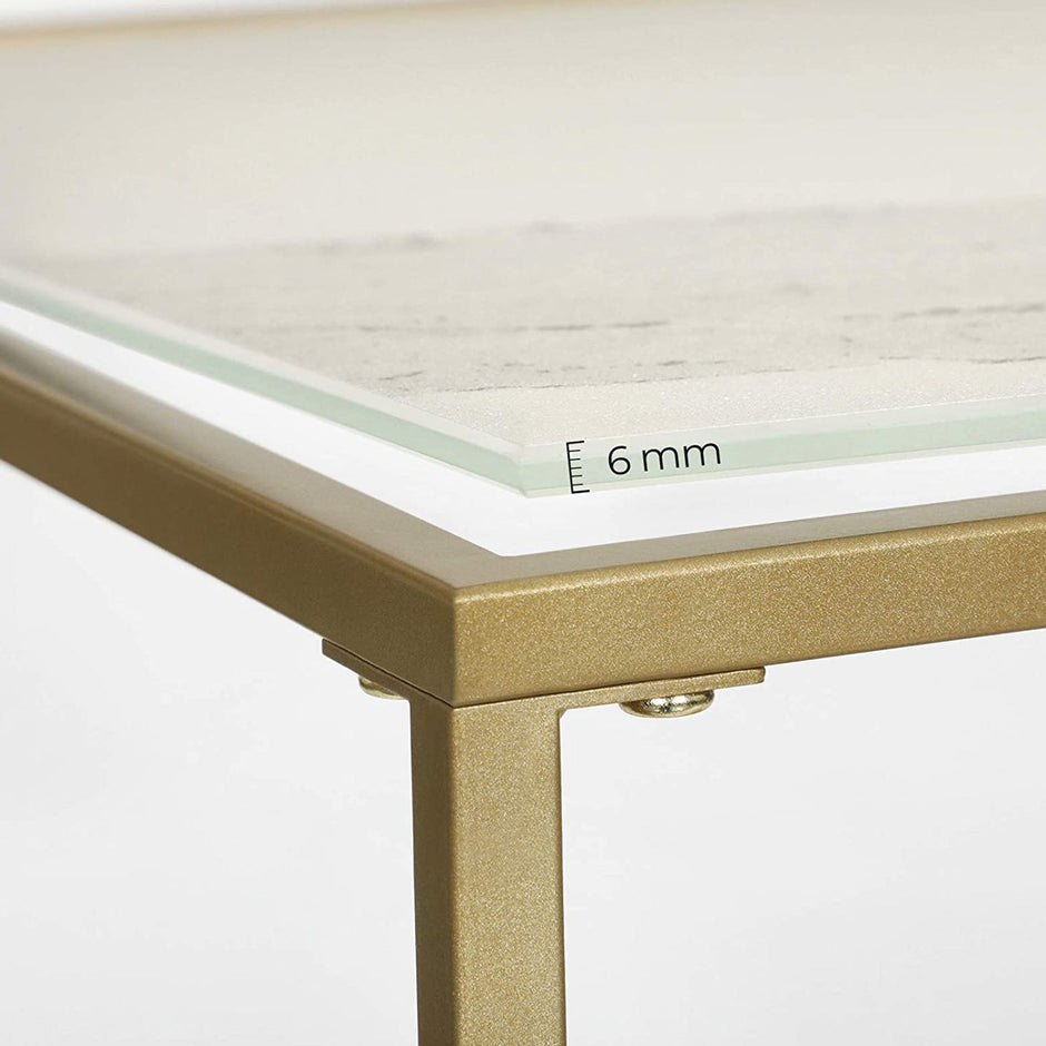 Coffee Table – Tempered Glass – Gold and Transparent – With Mesh Shelf and Stable Steel Frame