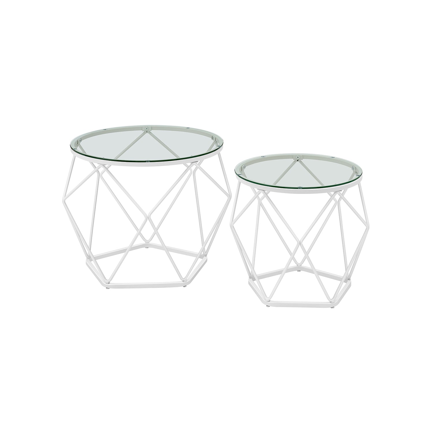 Set of 2 Round Coffee Tables – Steel Frame – Transparent and Cloud White – Removable Tabletops