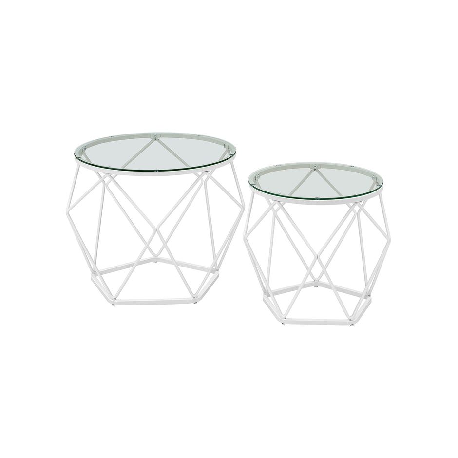 Set of 2 Round Coffee Tables – Steel Frame – Transparent and Cloud White – Removable Tabletops